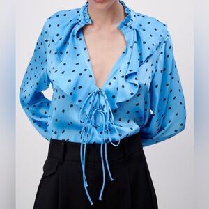 Zara XL mid-blue polka dot blouse a ruffled, tied V-necklinelong sleeves